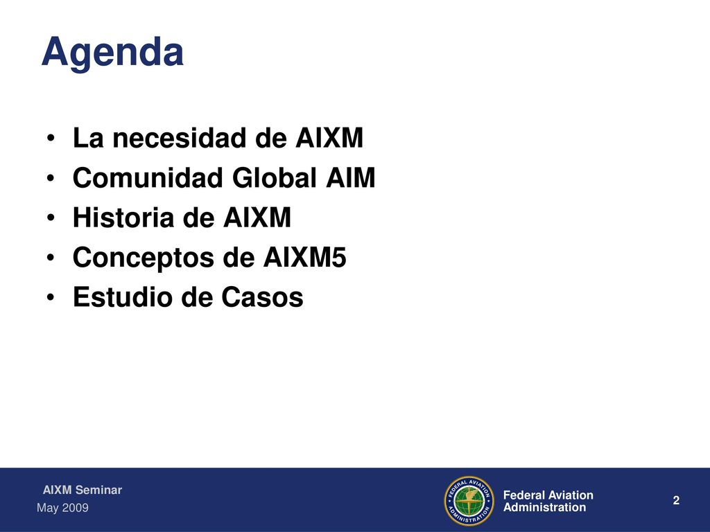 Agenda La necesidad de AIXM Comunidad Global AIM Historia de AIXM