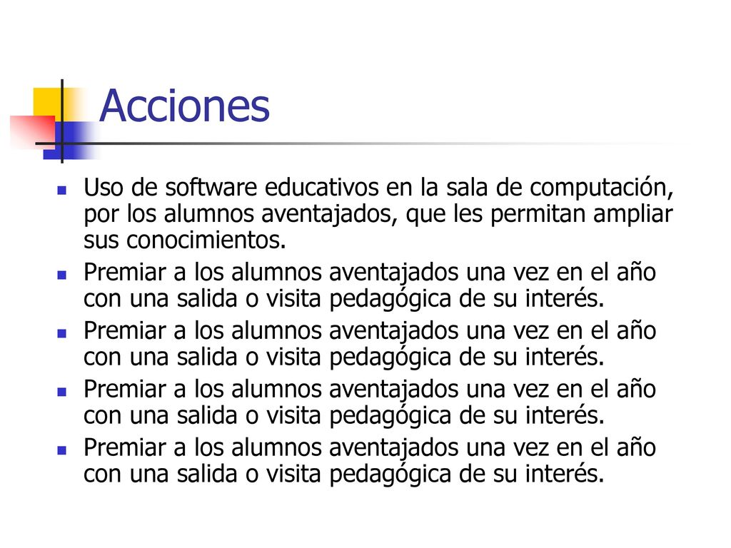 Acciones Uso de software educativos en la sala de computación, por los alumnos aventajados, que les permitan ampliar sus conocimientos.