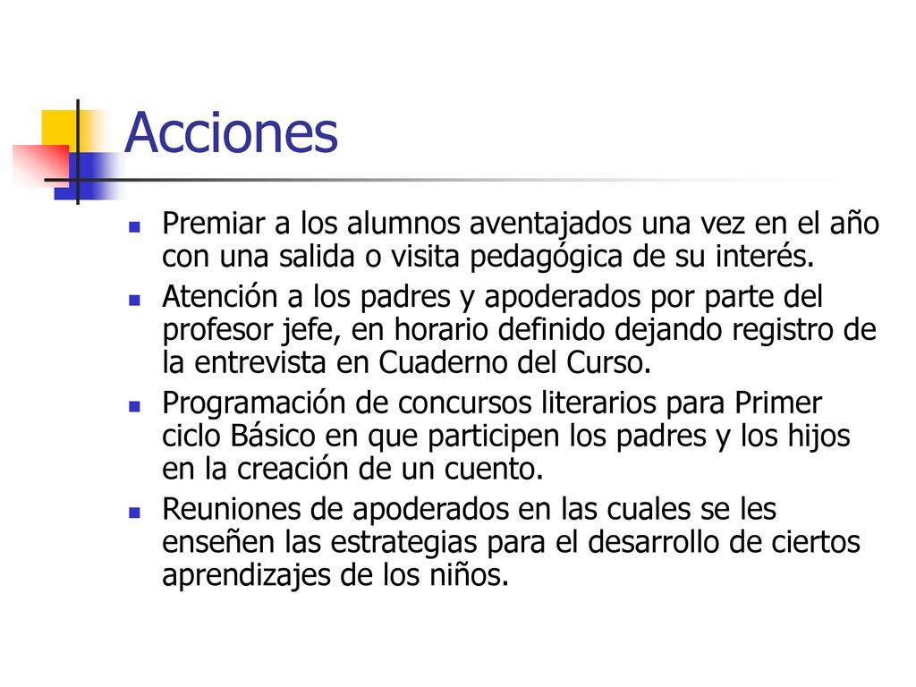 Acciones Premiar a los alumnos aventajados una vez en el año con una salida o visita pedagógica de su interés.
