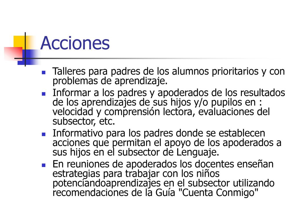 Acciones Talleres para padres de los alumnos prioritarios y con problemas de aprendizaje.
