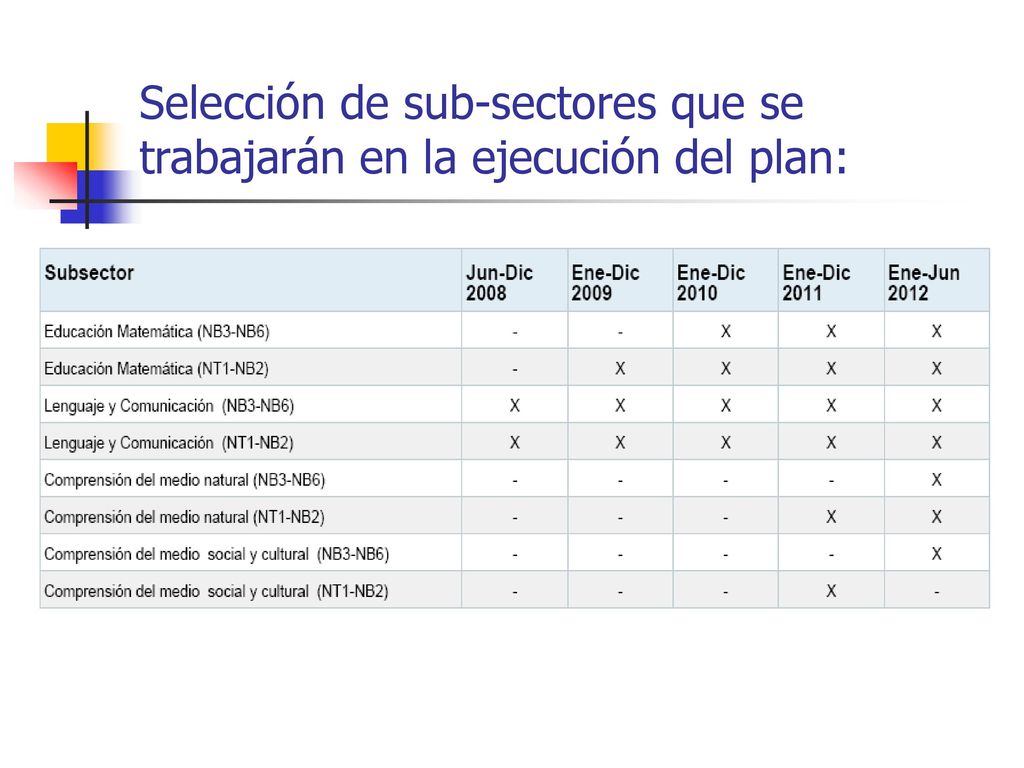 Selección de sub-sectores que se trabajarán en la ejecución del plan: