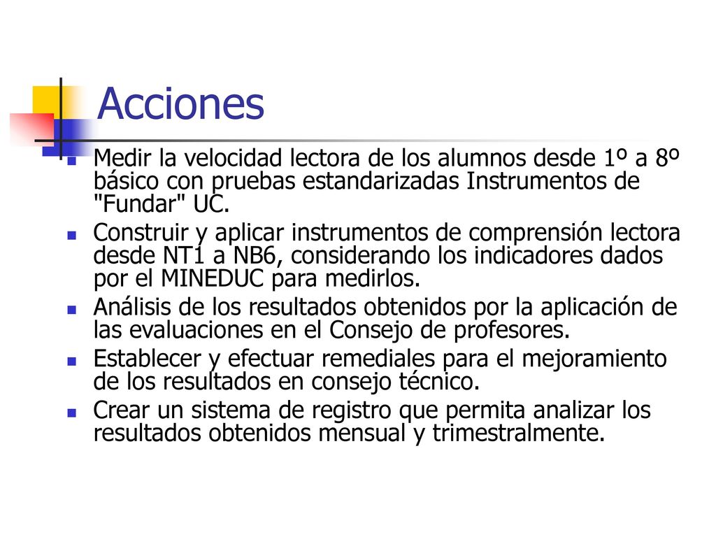 Acciones Medir la velocidad lectora de los alumnos desde 1º a 8º básico con pruebas estandarizadas Instrumentos de Fundar UC.