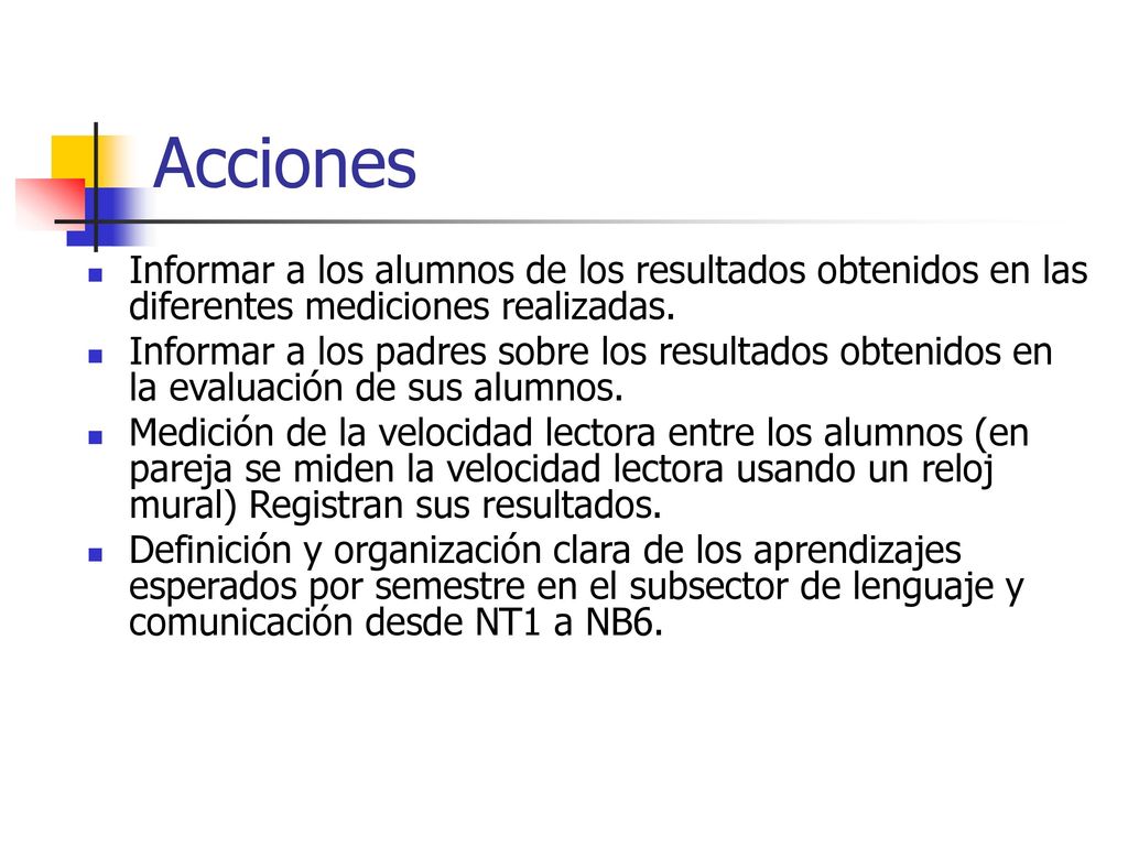 Acciones Informar a los alumnos de los resultados obtenidos en las diferentes mediciones realizadas.