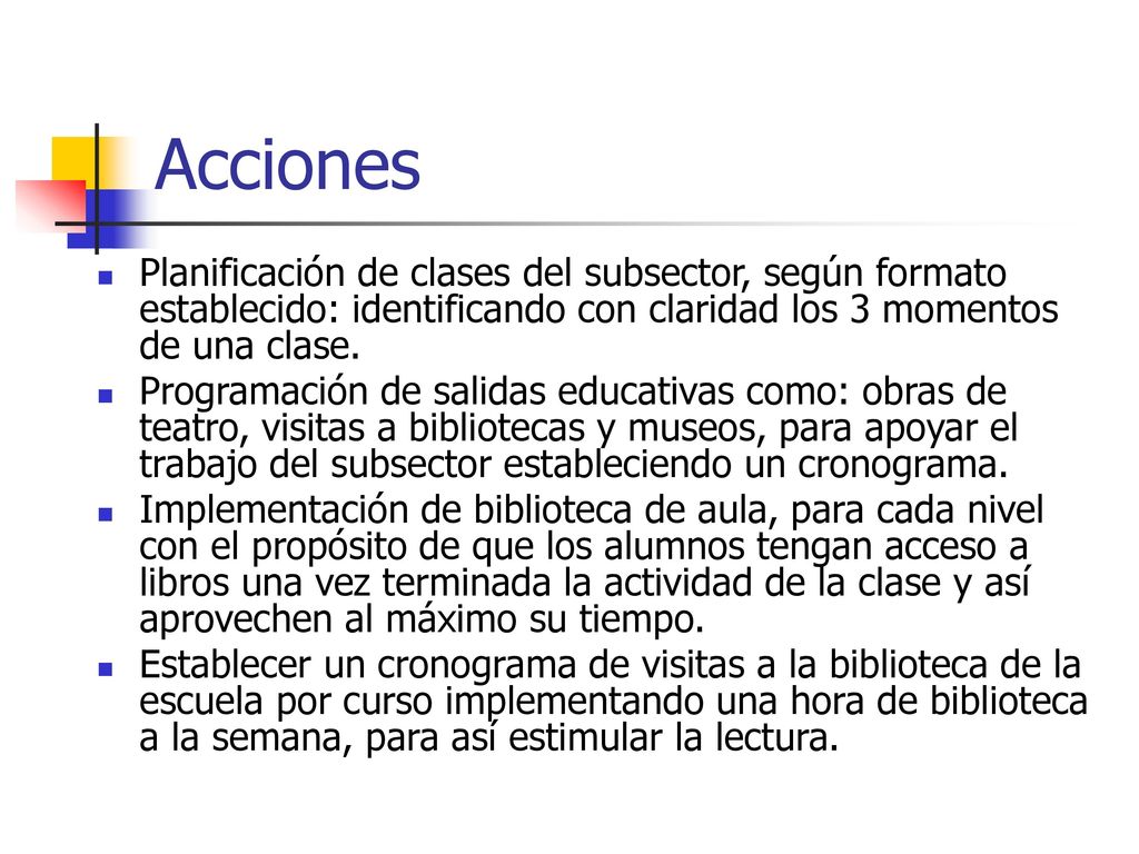Acciones Planificación de clases del subsector, según formato establecido: identificando con claridad los 3 momentos de una clase.