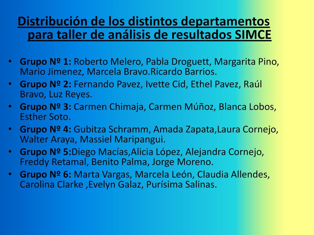 Distribución de los distintos departamentos para taller de análisis de resultados SIMCE