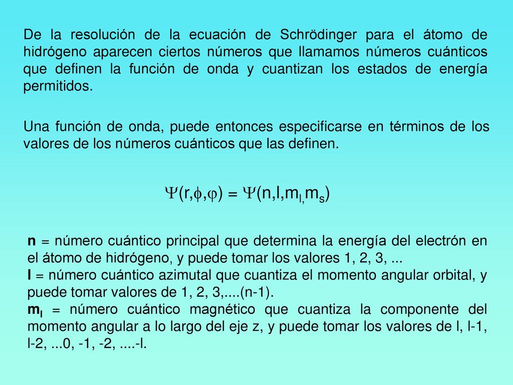 De la resolución de la ecuación de Schrödinger para el átomo de hidrógeno aparecen ciertos números que llamamos números cuánticos que definen la función de onda y cuantizan los estados de energía permitidos.