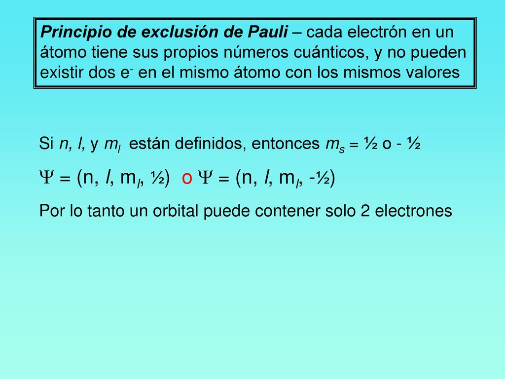 Y = (n, l, ml, ½) o Y = (n, l, ml, -½)