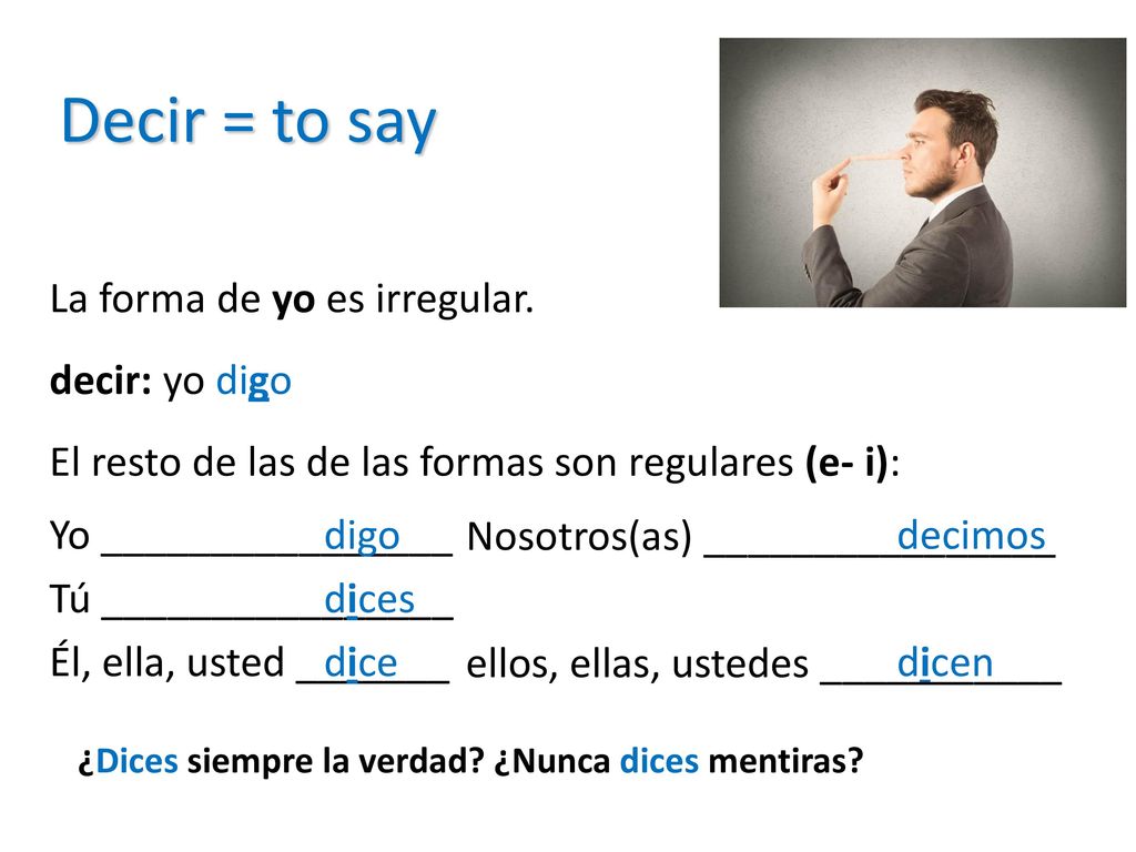Decir = to say La forma de yo es irregular. decir: yo digo