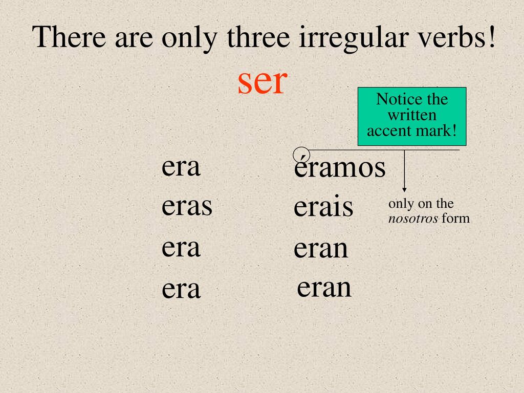 ser There are only three irregular verbs! era éramos eras erais era