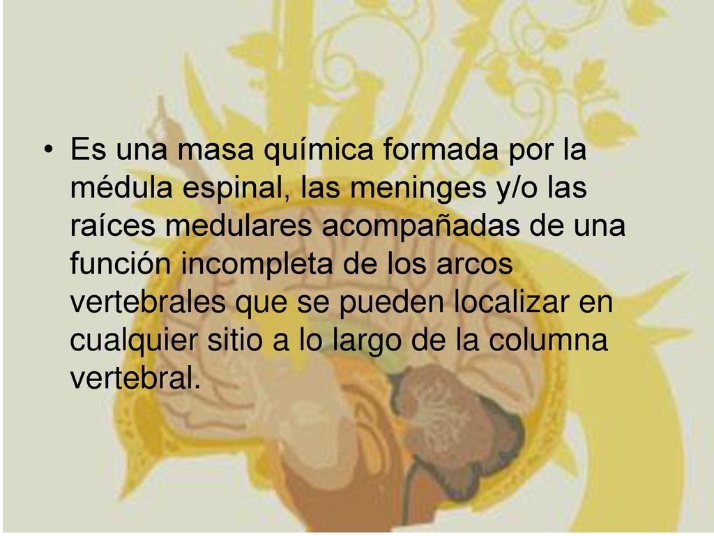 Es una masa química formada por la médula espinal, las meninges y/o las raíces medulares acompañadas de una función incompleta de los arcos vertebrales que se pueden localizar en cualquier sitio a lo largo de la columna vertebral.