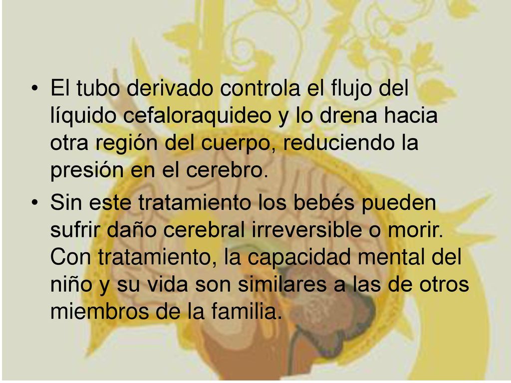 El tubo derivado controla el flujo del líquido cefaloraquideo y lo drena hacia otra región del cuerpo, reduciendo la presión en el cerebro.