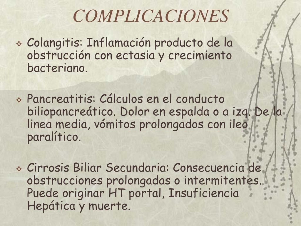 COMPLICACIONES Colangitis: Inflamación producto de la obstrucción con ectasia y crecimiento bacteriano.