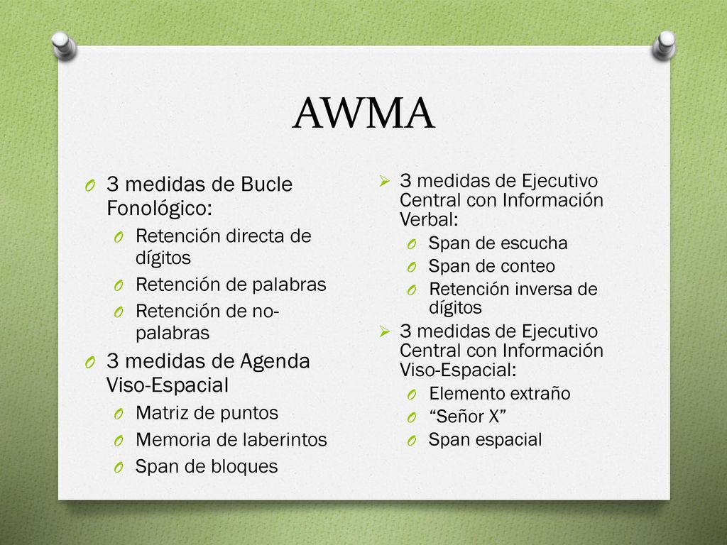 AWMA 3 medidas de Bucle Fonológico: 3 medidas de Agenda Viso-Espacial