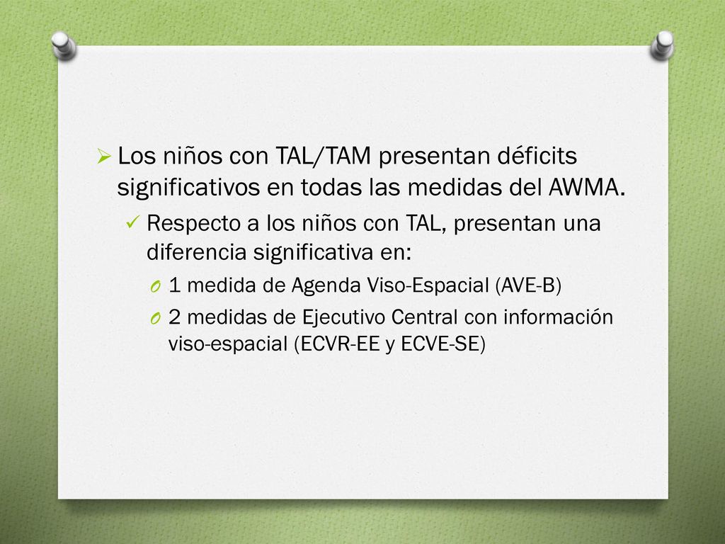 Los niños con TAL/TAM presentan déficits significativos en todas las medidas del AWMA.