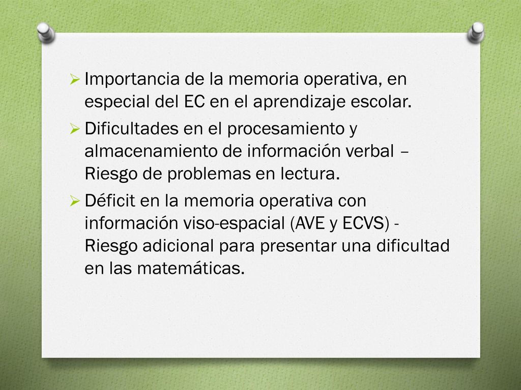Importancia de la memoria operativa, en especial del EC en el aprendizaje escolar.