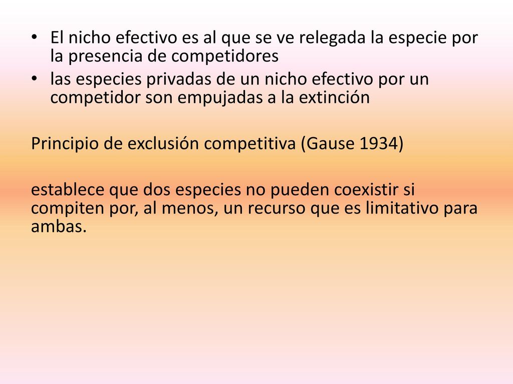 El nicho efectivo es al que se ve relegada la especie por la presencia de competidores