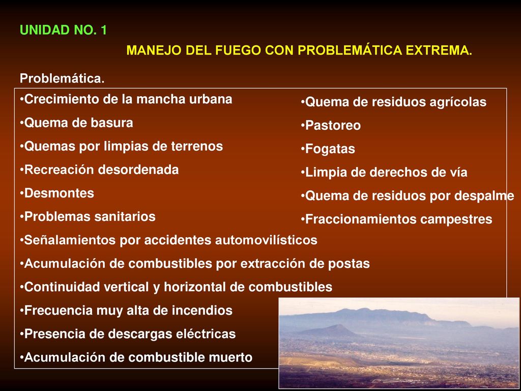 UNIDAD NO. 1 MANEJO DEL FUEGO CON PROBLEMÁTICA EXTREMA. Problemática. Crecimiento de la mancha urbana.