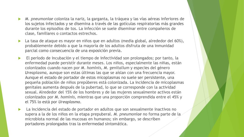 M. pneumoniae coloniza la nariz, la garganta, la tráquea y las vías aéreas inferiores de los sujetos infectados y se disemina a través de las gotículas respiratorias más grandes durante los episodios de tos. La infección se suele diseminar entre compañeros de clase, familiares o contactos estrechos.