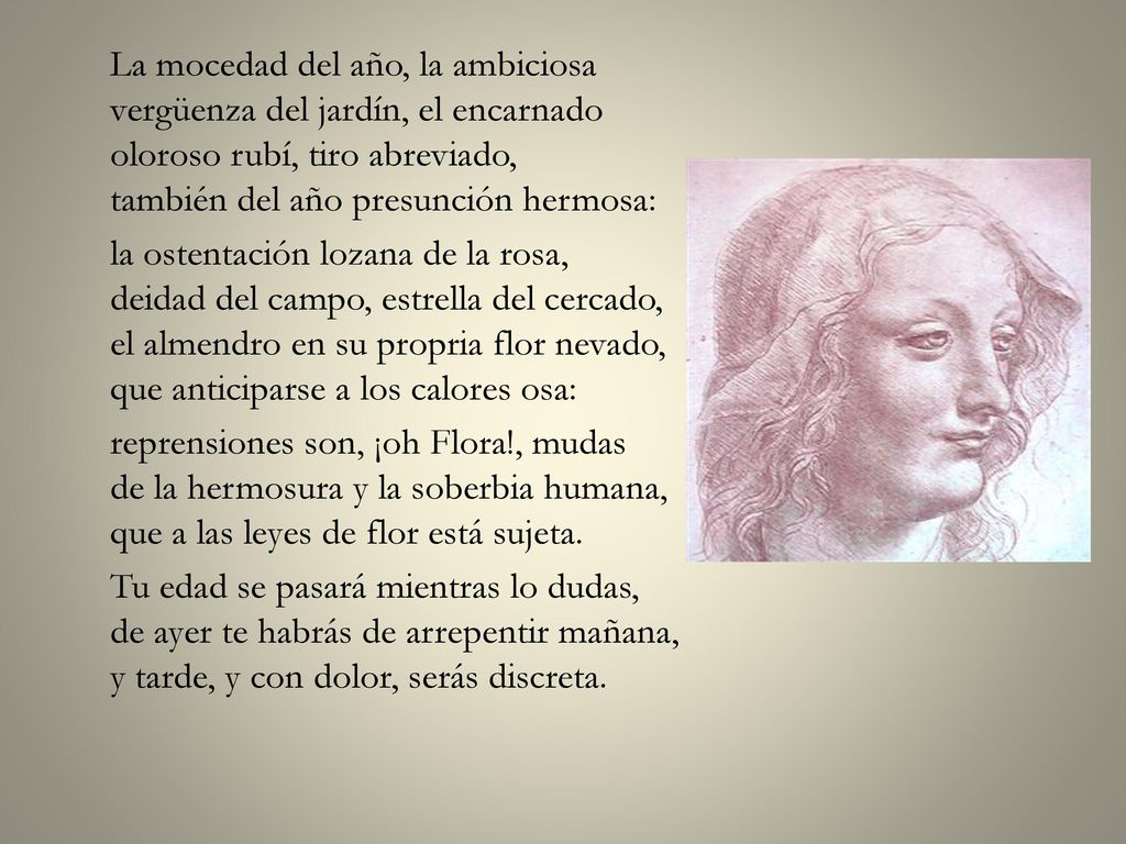 La mocedad del año, la ambiciosa vergüenza del jardín, el encarnado oloroso rubí, tiro abreviado, también del año presunción hermosa: la ostentación lozana de la rosa, deidad del campo, estrella del cercado, el almendro en su propria flor nevado, que anticiparse a los calores osa: reprensiones son, ¡oh Flora!, mudas de la hermosura y la soberbia humana, que a las leyes de flor está sujeta.