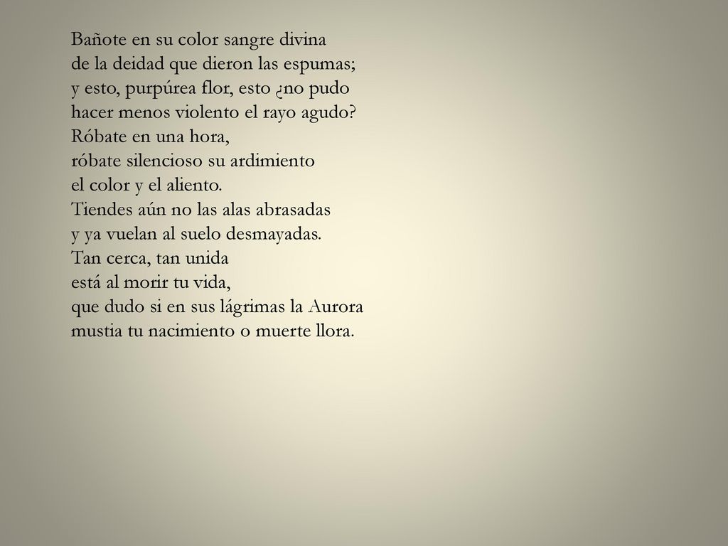 Bañote en su color sangre divina de la deidad que dieron las espumas; y esto, purpúrea flor, esto ¿no pudo hacer menos violento el rayo agudo.