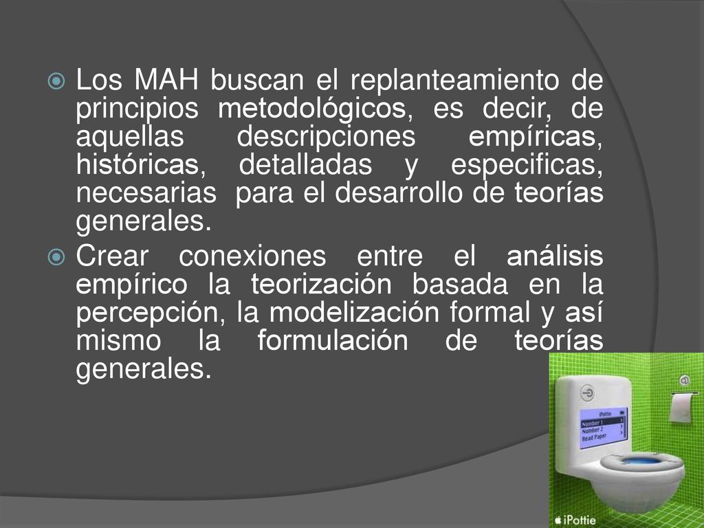 Los MAH buscan el replanteamiento de principios metodológicos, es decir, de aquellas descripciones empíricas, históricas, detalladas y especificas, necesarias para el desarrollo de teorías generales.