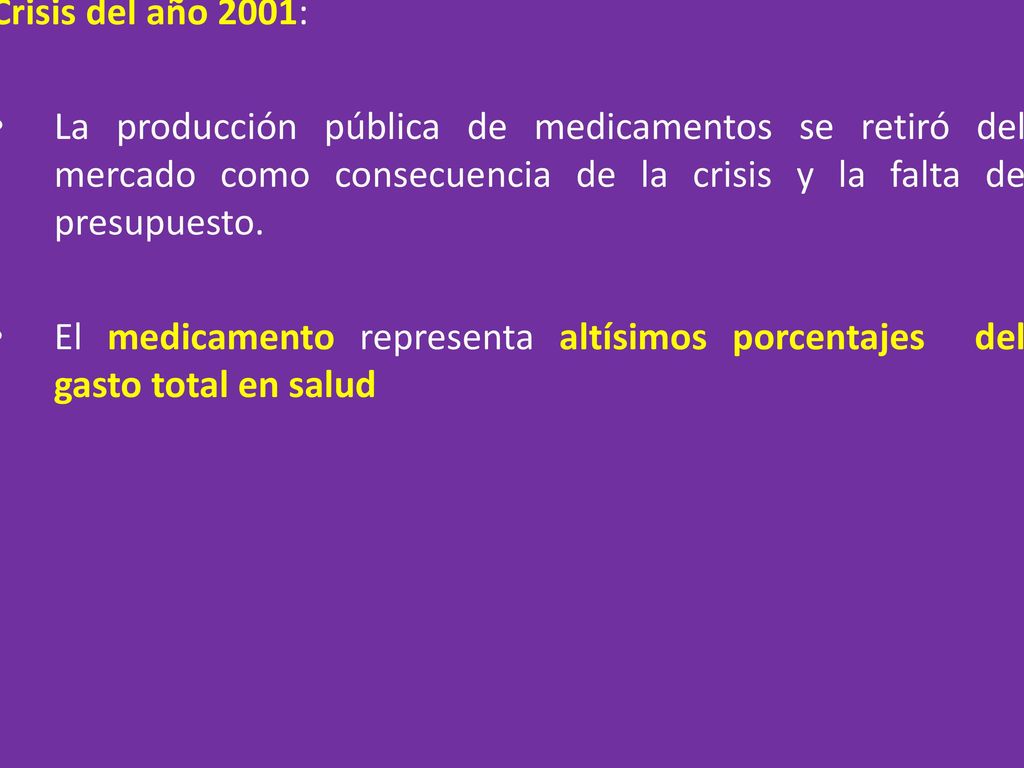 Crisis del año 2001: La producción pública de medicamentos se retiró del mercado como consecuencia de la crisis y la falta de presupuesto.