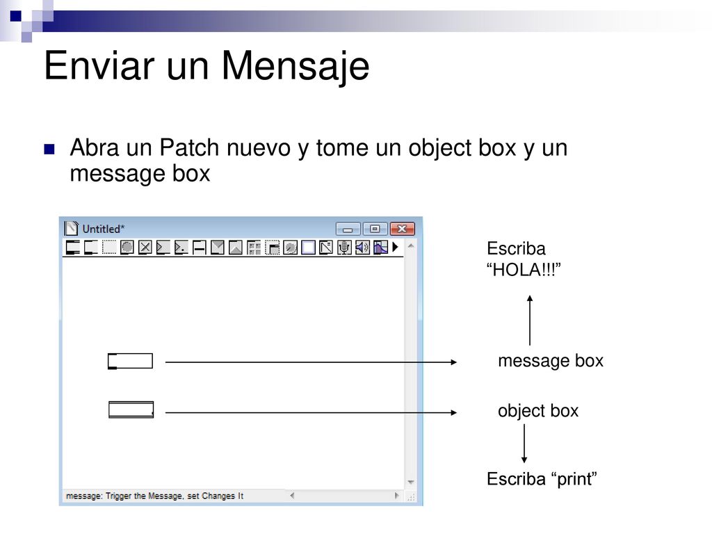 Enviar un Mensaje Abra un Patch nuevo y tome un object box y un message box. Escriba HOLA!!! message box.