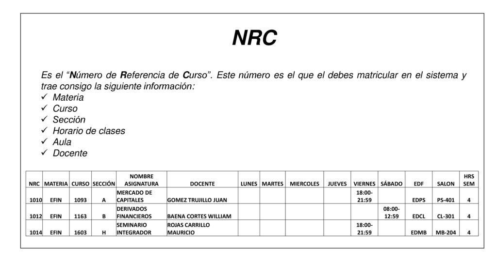 NRC Es el Número de Referencia de Curso . Este número es el que el debes matricular en el sistema y trae consigo la siguiente información: