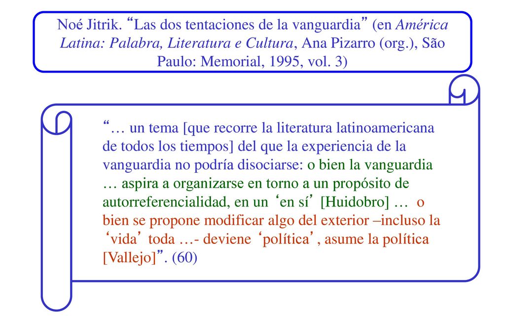 Noé Jitrik. Las dos tentaciones de la vanguardia (en América Latina: Palabra, Literatura e Cultura, Ana Pizarro (org.), São Paulo: Memorial, 1995, vol. 3)
