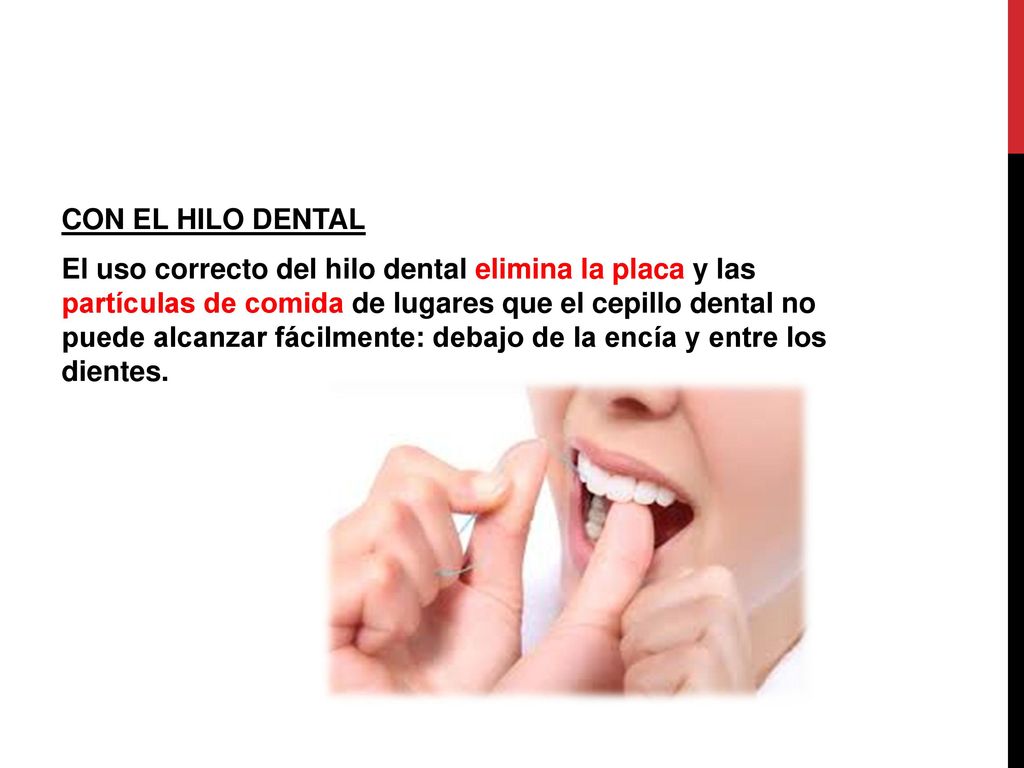CON EL HILO DENTAL El uso correcto del hilo dental elimina la placa y las partículas de comida de lugares que el cepillo dental no puede alcanzar fácilmente: debajo de la encía y entre los dientes.