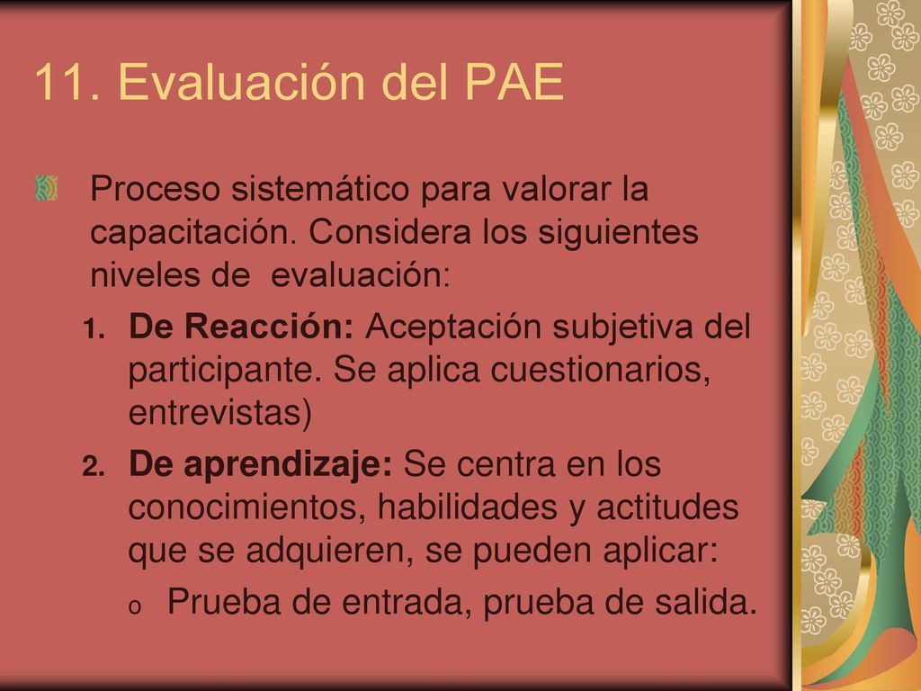 11. Evaluación del PAE Proceso sistemático para valorar la capacitación. Considera los siguientes niveles de evaluación:
