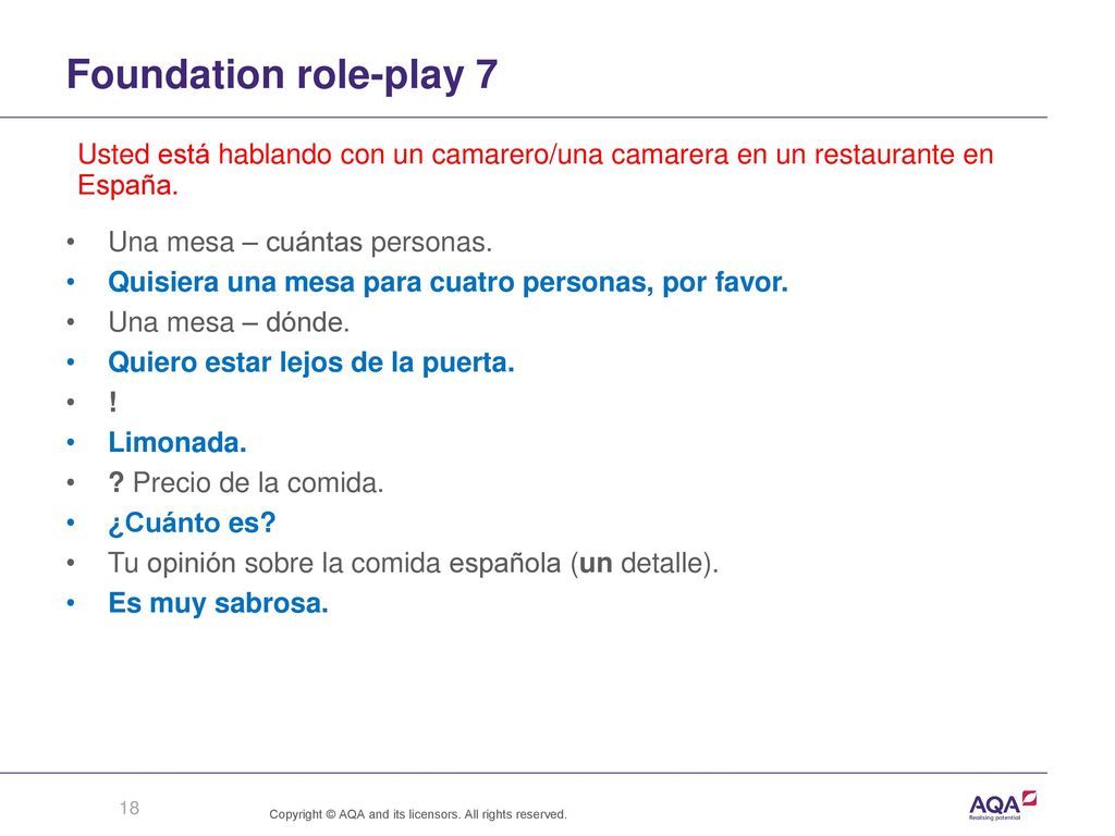 Foundation role-play 7 Usted está hablando con un camarero/una camarera en un restaurante en España.