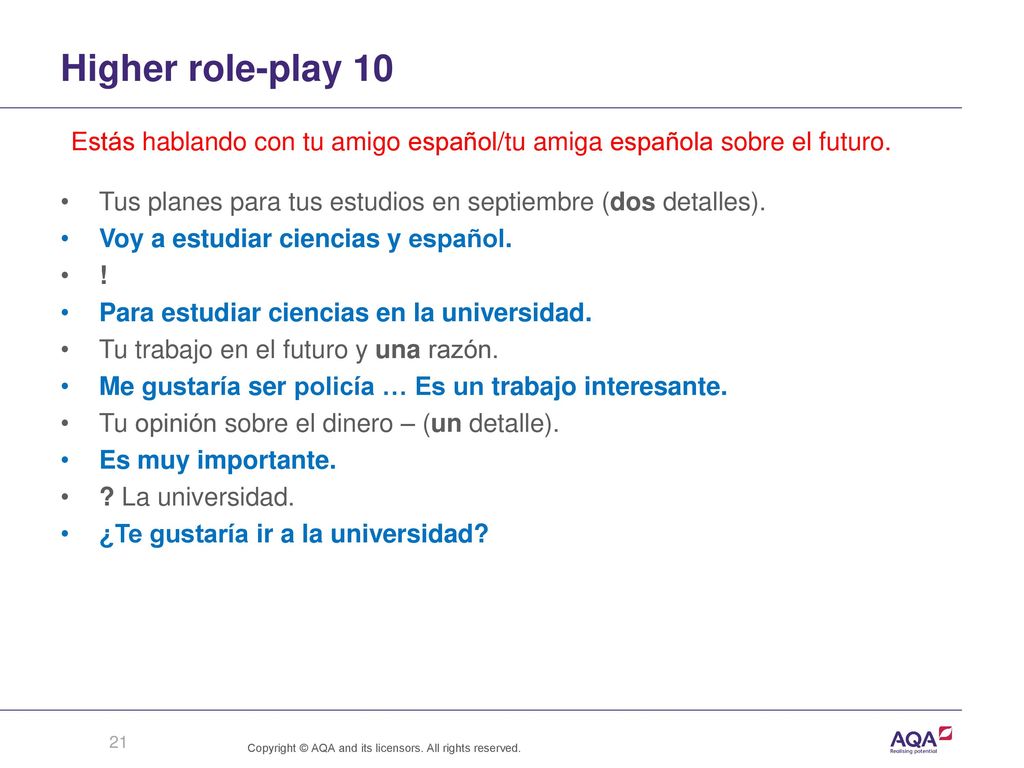 Higher role-play 10 Estás hablando con tu amigo español/tu amiga española sobre el futuro.