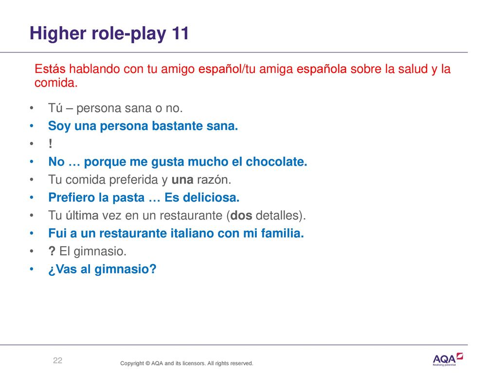 Higher role-play 11 Estás hablando con tu amigo español/tu amiga española sobre la salud y la comida.