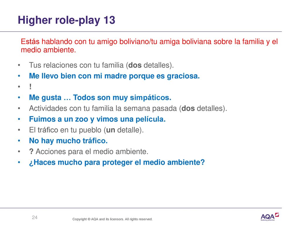 Higher role-play 13 Estás hablando con tu amigo boliviano/tu amiga boliviana sobre la familia y el medio ambiente.