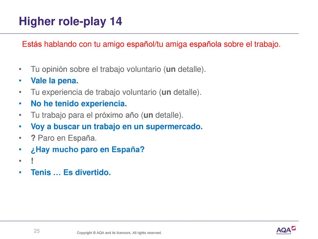 Higher role-play 14 Estás hablando con tu amigo español/tu amiga española sobre el trabajo. Tu opinión sobre el trabajo voluntario (un detalle).