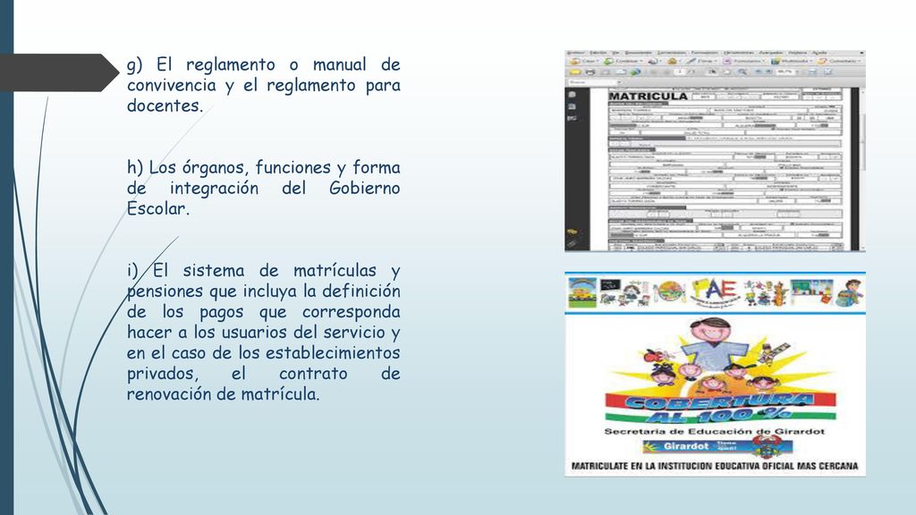 g) El reglamento o manual de convivencia y el reglamento para docentes.