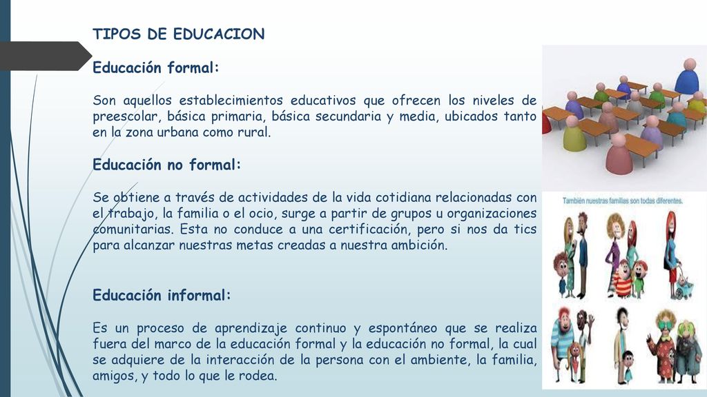 TIPOS DE EDUCACION Educación formal: Educación no formal: