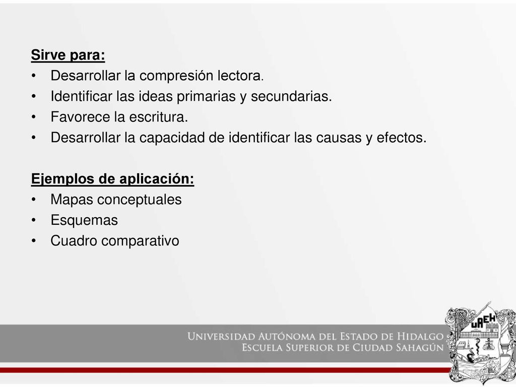 Sirve para: Desarrollar la compresión lectora. Identificar las ideas primarias y secundarias. Favorece la escritura.