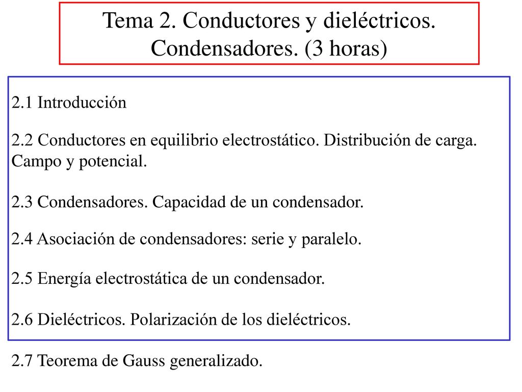 Tema 2. Conductores y dieléctricos. Condensadores. (3 horas)