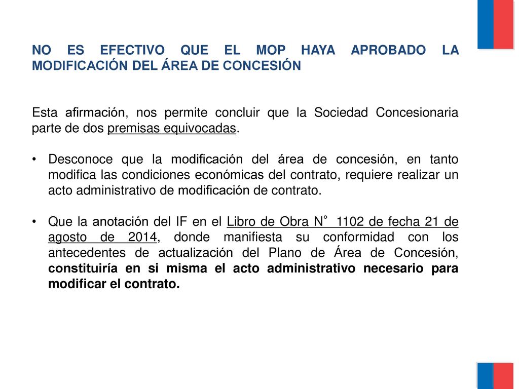 NO ES EFECTIVO QUE EL MOP HAYA APROBADO LA MODIFICACIÓN DEL ÁREA DE CONCESIÓN