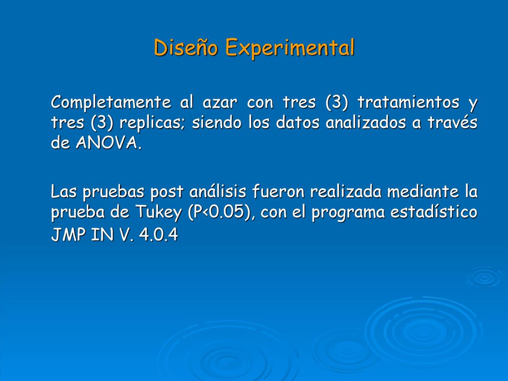 Diseño Experimental Completamente al azar con tres (3) tratamientos y tres (3) replicas; siendo los datos analizados a través de ANOVA.