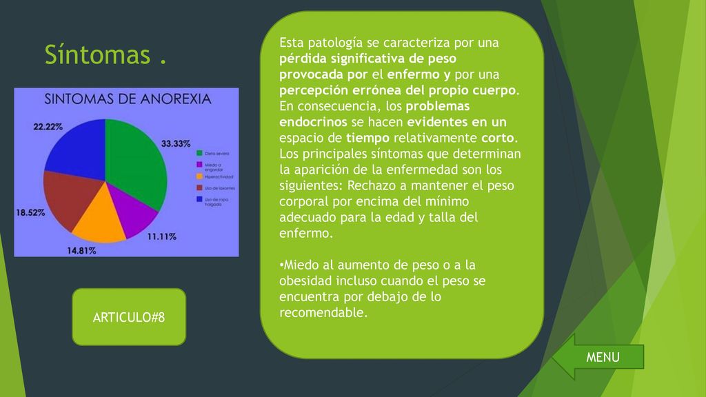 Esta patología se caracteriza por una pérdida significativa de peso provocada por el enfermo y por una percepción errónea del propio cuerpo. En consecuencia, los problemas endocrinos se hacen evidentes en un espacio de tiempo relativamente corto. Los principales síntomas que determinan la aparición de la enfermedad son los siguientes: Rechazo a mantener el peso corporal por encima del mínimo adecuado para la edad y talla del enfermo.