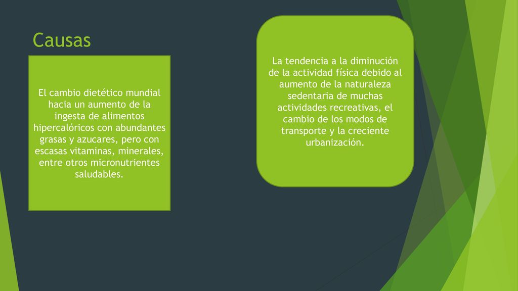 La tendencia a la diminución de la actividad física debido al aumento de la naturaleza sedentaria de muchas actividades recreativas, el cambio de los modos de transporte y la creciente urbanización.