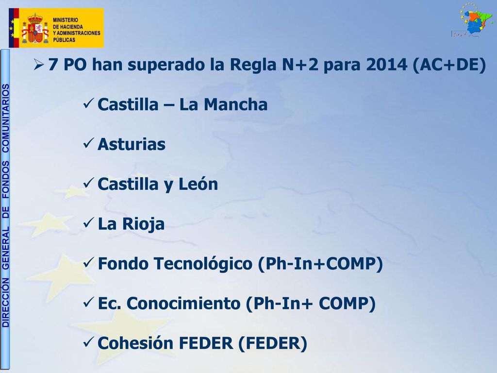 7 PO han superado la Regla N+2 para 2014 (AC+DE) Castilla – La Mancha