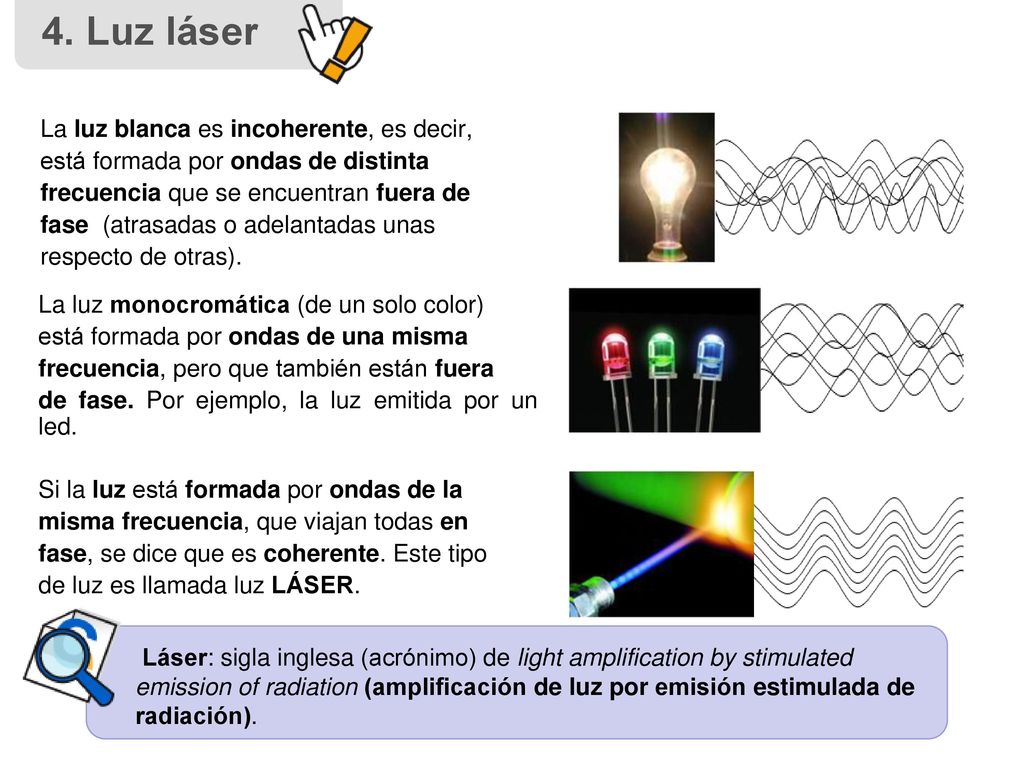 4. Luz láser La luz blanca es incoherente, es decir, está formada por ondas de distinta. frecuencia que se encuentran fuera de.