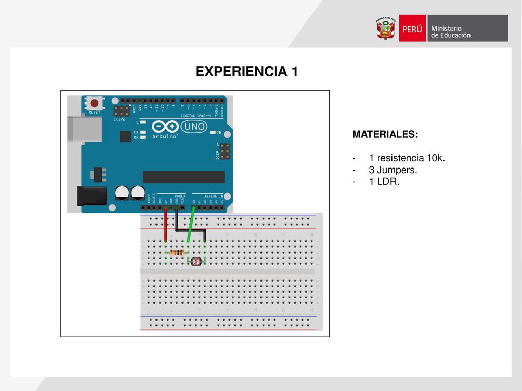 EXPERIENCIA 1 MATERIALES: 1 resistencia 10k. 3 Jumpers. 1 LDR.