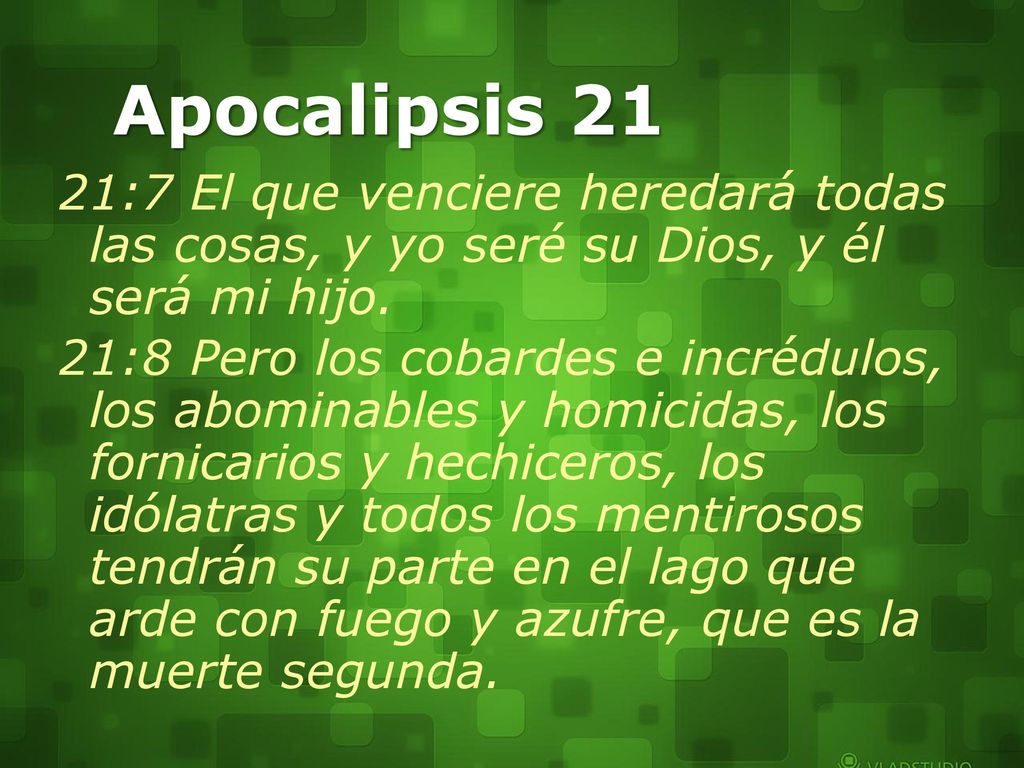 Apocalipsis 21 21:7 El que venciere heredará todas las cosas, y yo seré su Dios, y él será mi hijo.