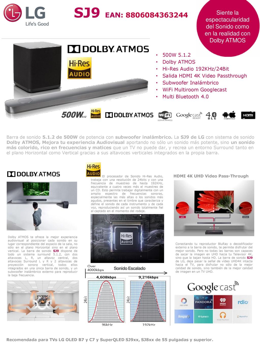 SJ9 EAN: Siente la espectacularidad del Sonido como en la realidad con Dolby ATMOS. 500W