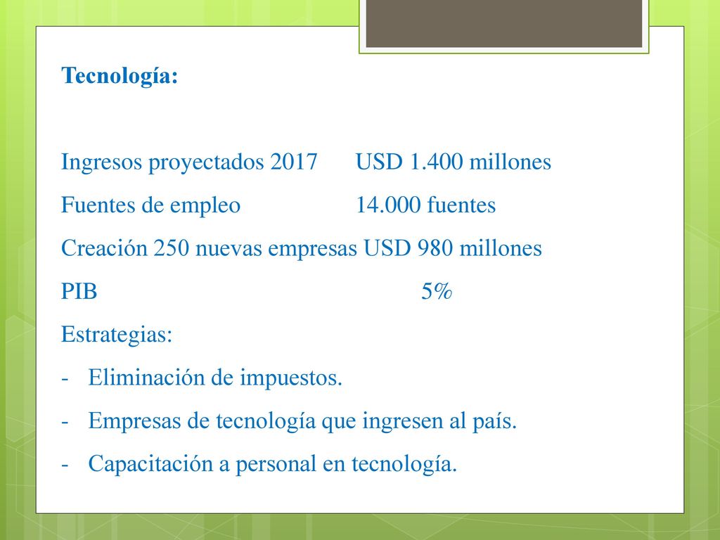 Tecnología: Ingresos proyectados 2017 USD millones. Fuentes de empleo fuentes. Creación 250 nuevas empresas USD 980 millones.